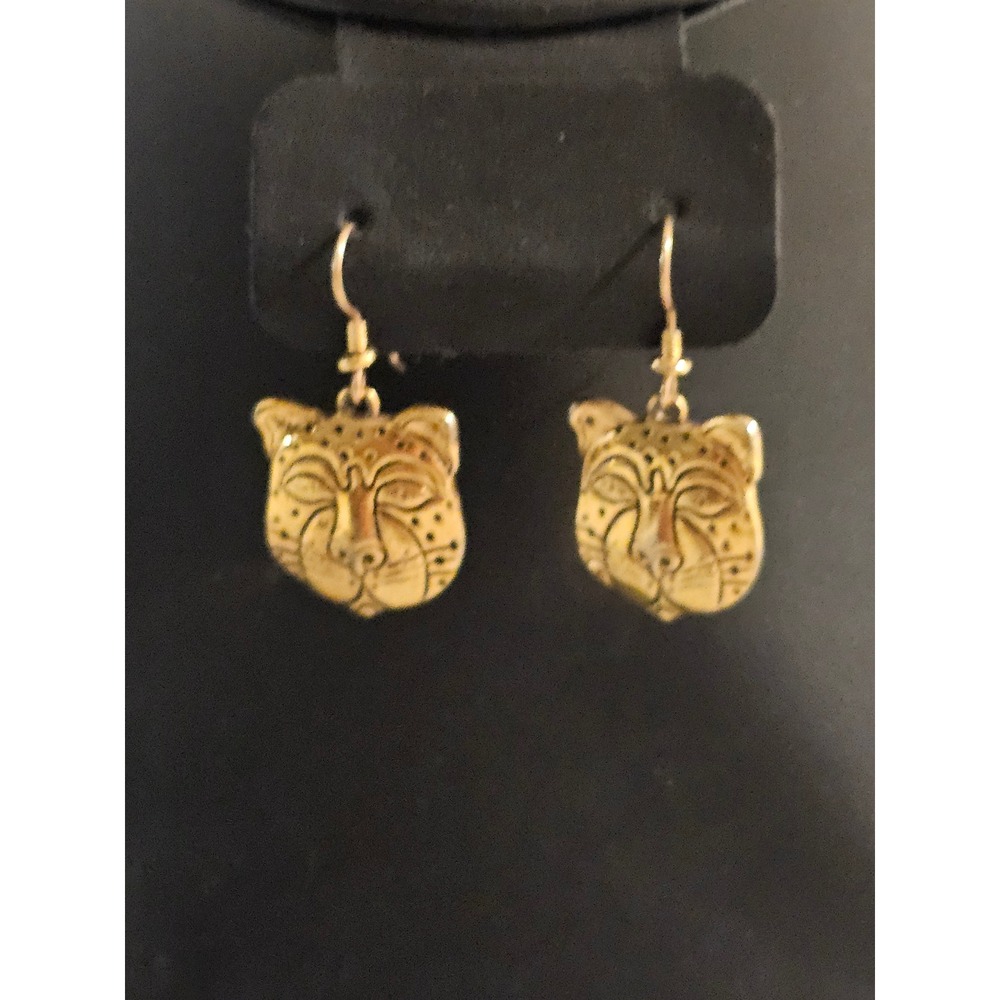 Laurel Burch Gold Tone Leopard Cat Face Dangle Drop‎ Earrings French Wire